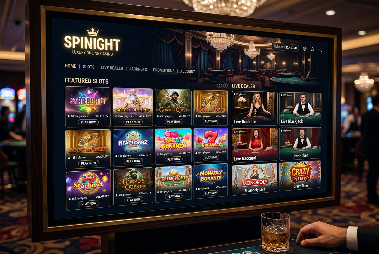 Lobby s hrami v Spinight Casino s tmavým luxusním designem